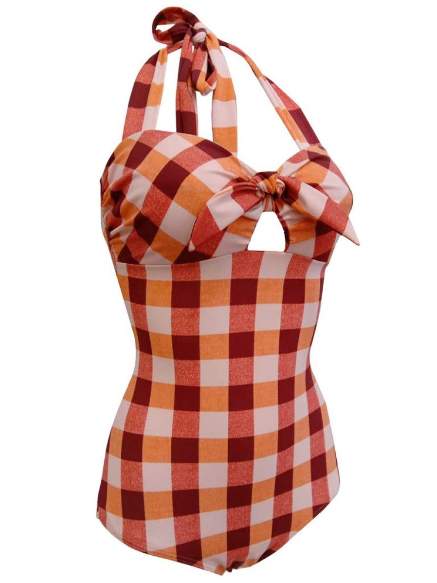 Clothing Retro Stage | 1950S Plaid Halter One-Piece Swimsuit Orange