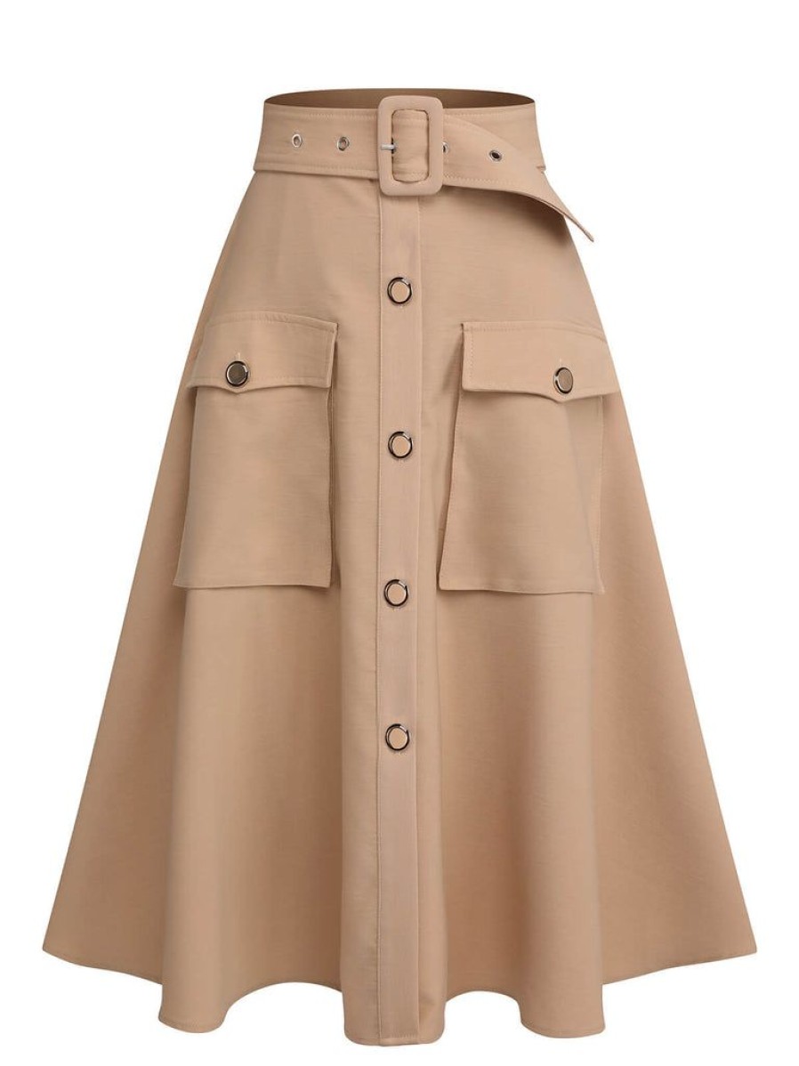 Clothing Retro Stage | 1950S Big Pockets Button Skirt Khaki