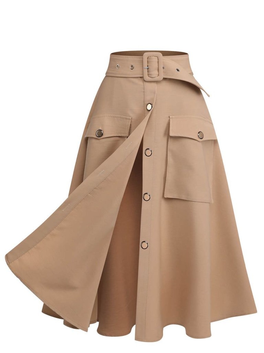 Clothing Retro Stage | 1950S Big Pockets Button Skirt Khaki