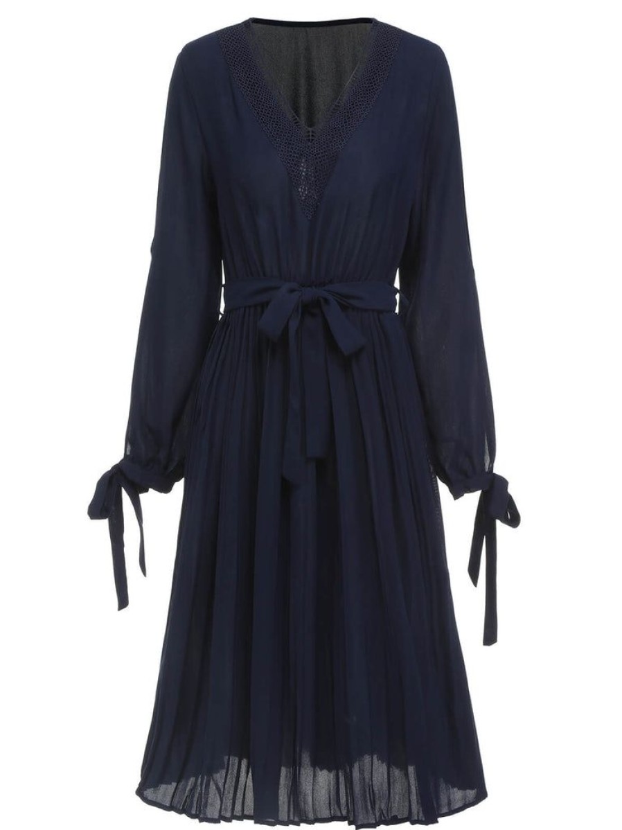 Clothing Retro Stage | 1940S Tie-Up Waist Shift Dress Dark Blue