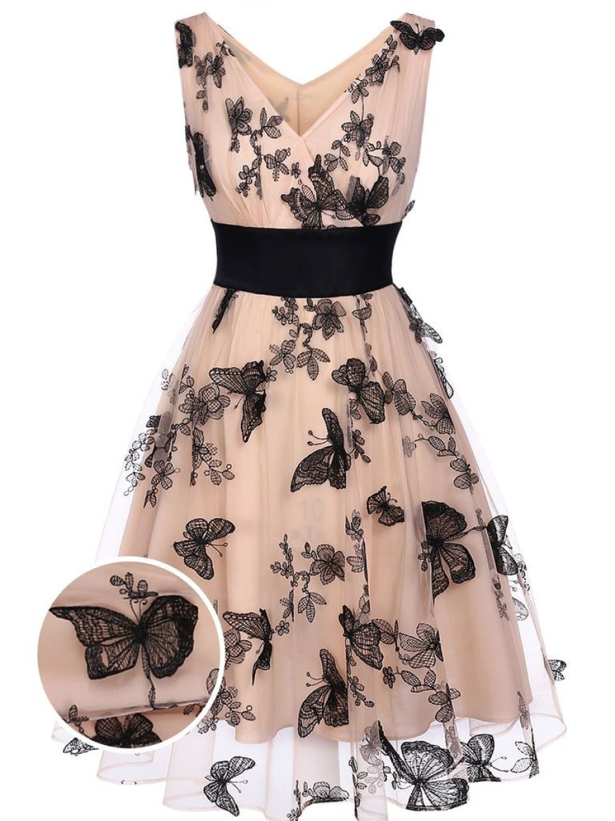 Clothing Retro Stage | 1950S Lace Butterfly Swing Vintage Dress Nude