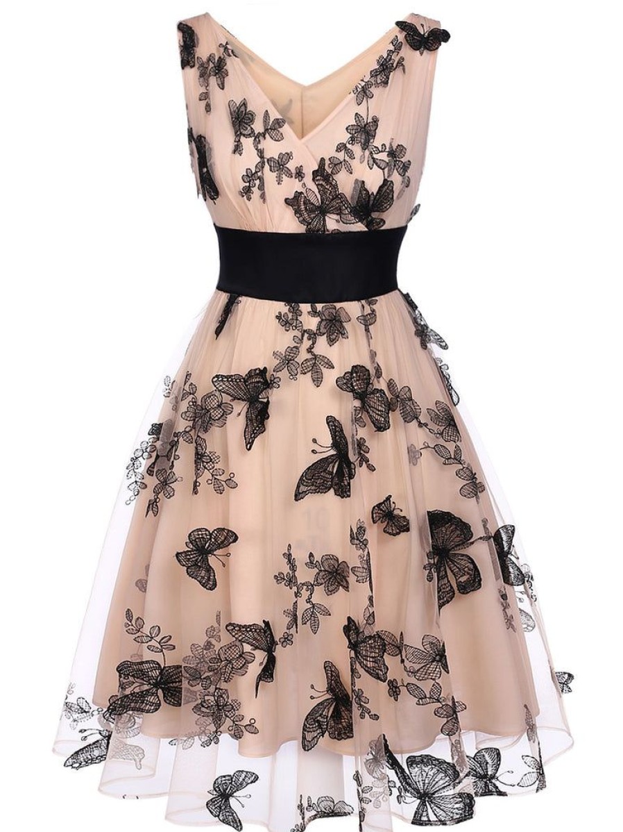 Clothing Retro Stage | 1950S Lace Butterfly Swing Vintage Dress Nude