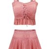 Clothing Retro Stage | Pink 1940S Plaid Lace Up Swimsuit