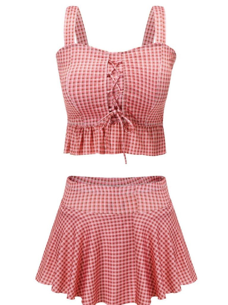 Clothing Retro Stage | Pink 1940S Plaid Lace Up Swimsuit