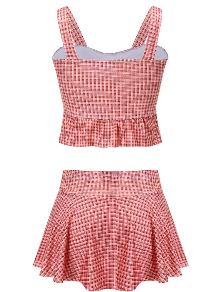 Clothing Retro Stage | Pink 1940S Plaid Lace Up Swimsuit