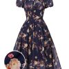 Clothing Retro Stage | Floral Bubble Sleeves Dress Navy Blue