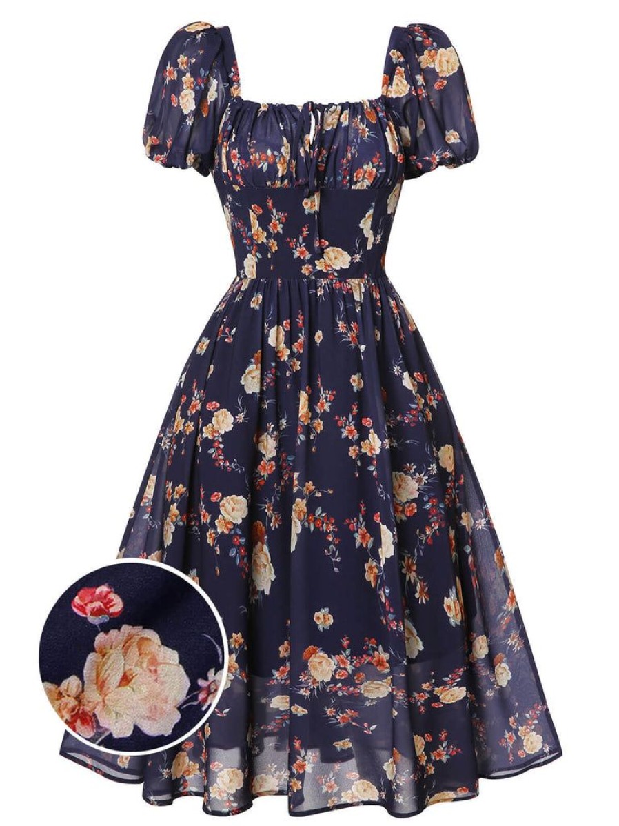 Clothing Retro Stage | Floral Bubble Sleeves Dress Navy Blue