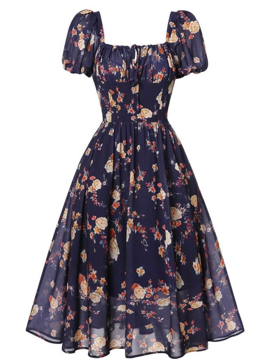 Clothing Retro Stage | Floral Bubble Sleeves Dress Navy Blue