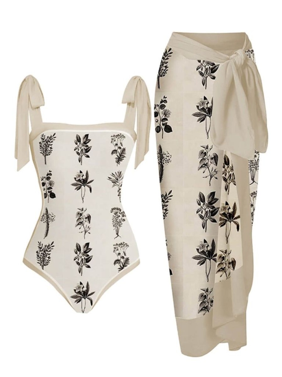 Clothing Retro Stage | 1950S Ink Floral One-Piece Swimsuit & Cover-Up Beige