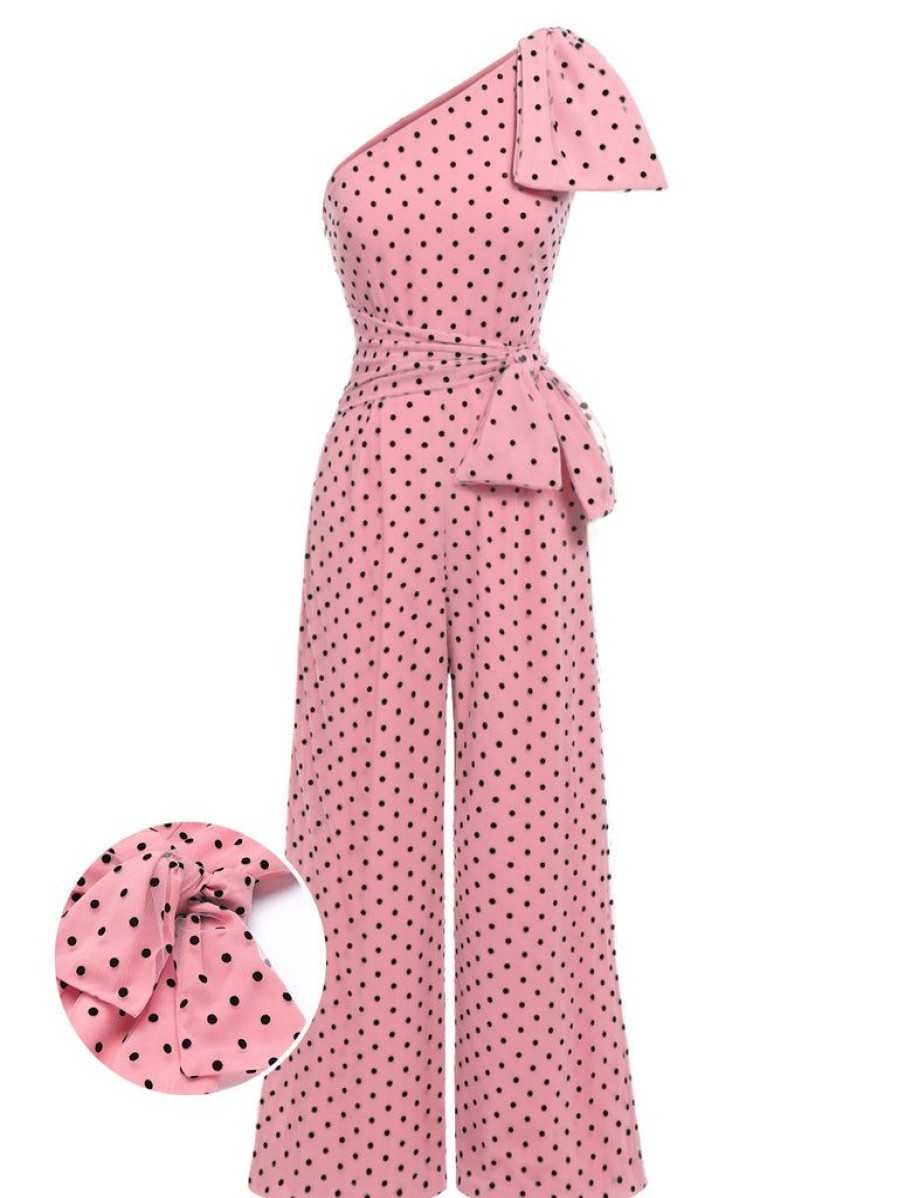 Clothing Retro Stage | 1930S Polka Dot One-Shoulder Jumpsuit Pink