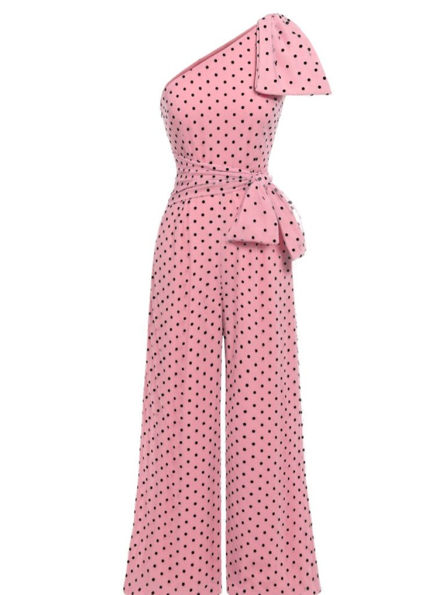 Clothing Retro Stage | 1930S Polka Dot One-Shoulder Jumpsuit Pink