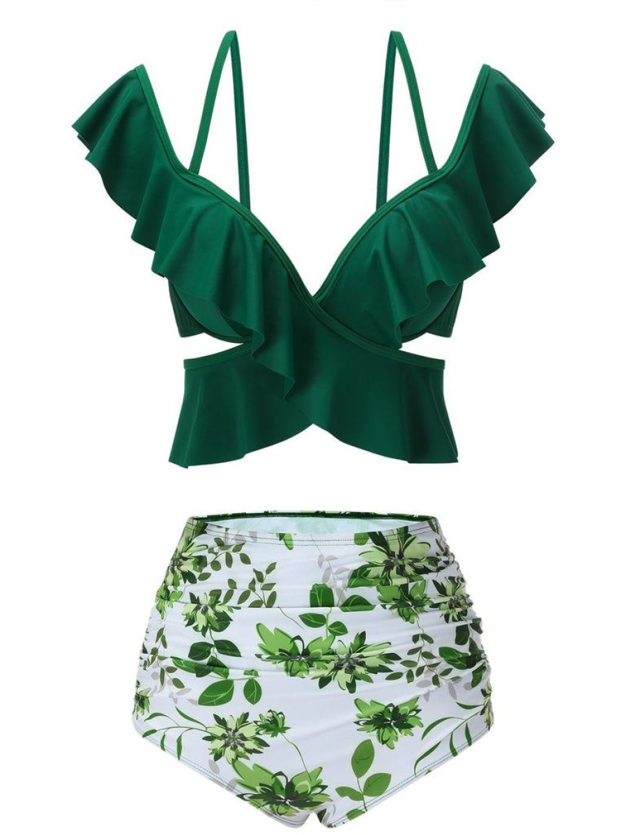 Clothing Retro Stage | 1940S Ruffles Floral Spaghetti Strap Swimsuit Green