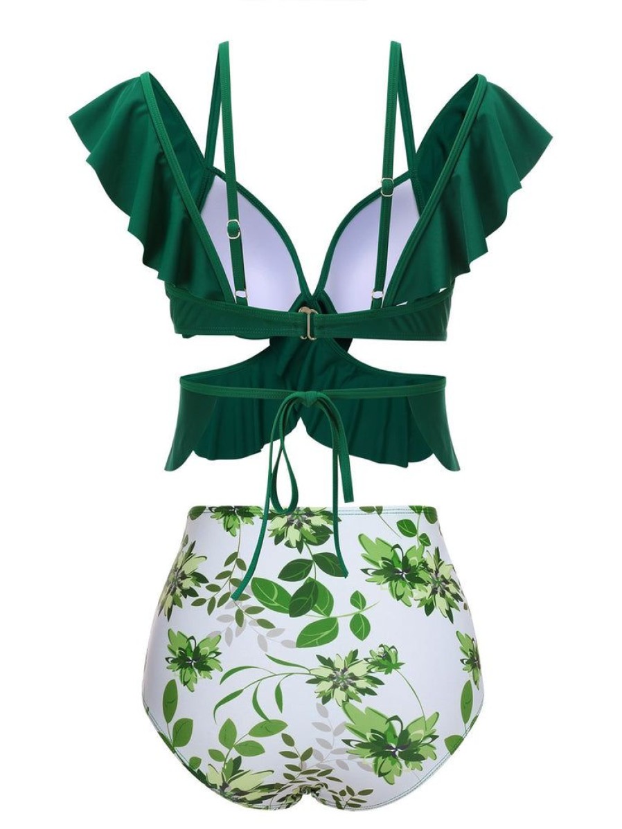 Clothing Retro Stage | 1940S Ruffles Floral Spaghetti Strap Swimsuit Green