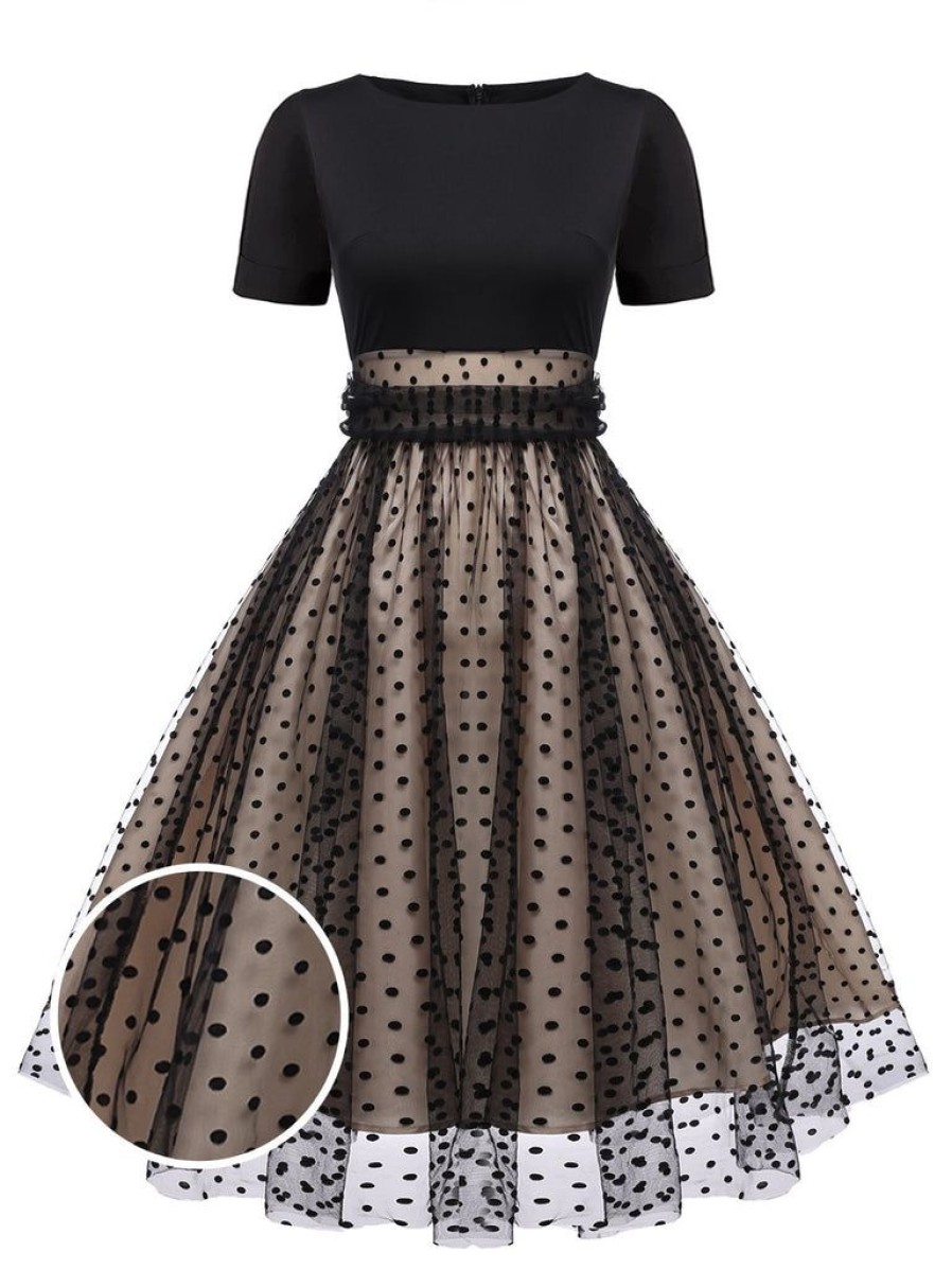 Clothing Retro Stage | 1950S Polka Dot Swing Vintage Dress Black