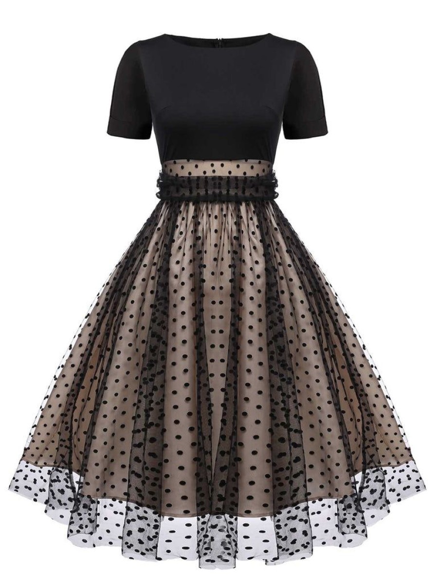 Clothing Retro Stage | 1950S Polka Dot Swing Vintage Dress Black