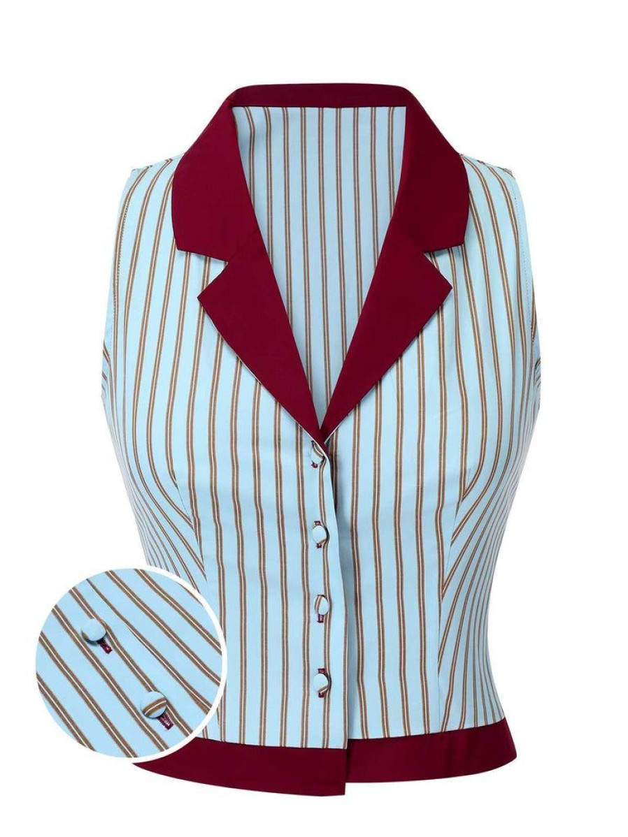 Clothing Retro Stage | 1950S Stripes Patchwork Sleeveless Blouse Blue