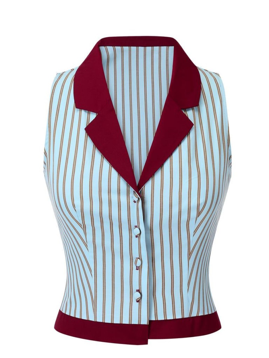 Clothing Retro Stage | 1950S Stripes Patchwork Sleeveless Blouse Blue