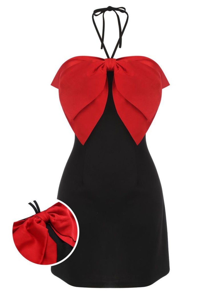 Clothing Retro Stage | Red 1960S Bow-Knot Patchwork Wrap Dress Black