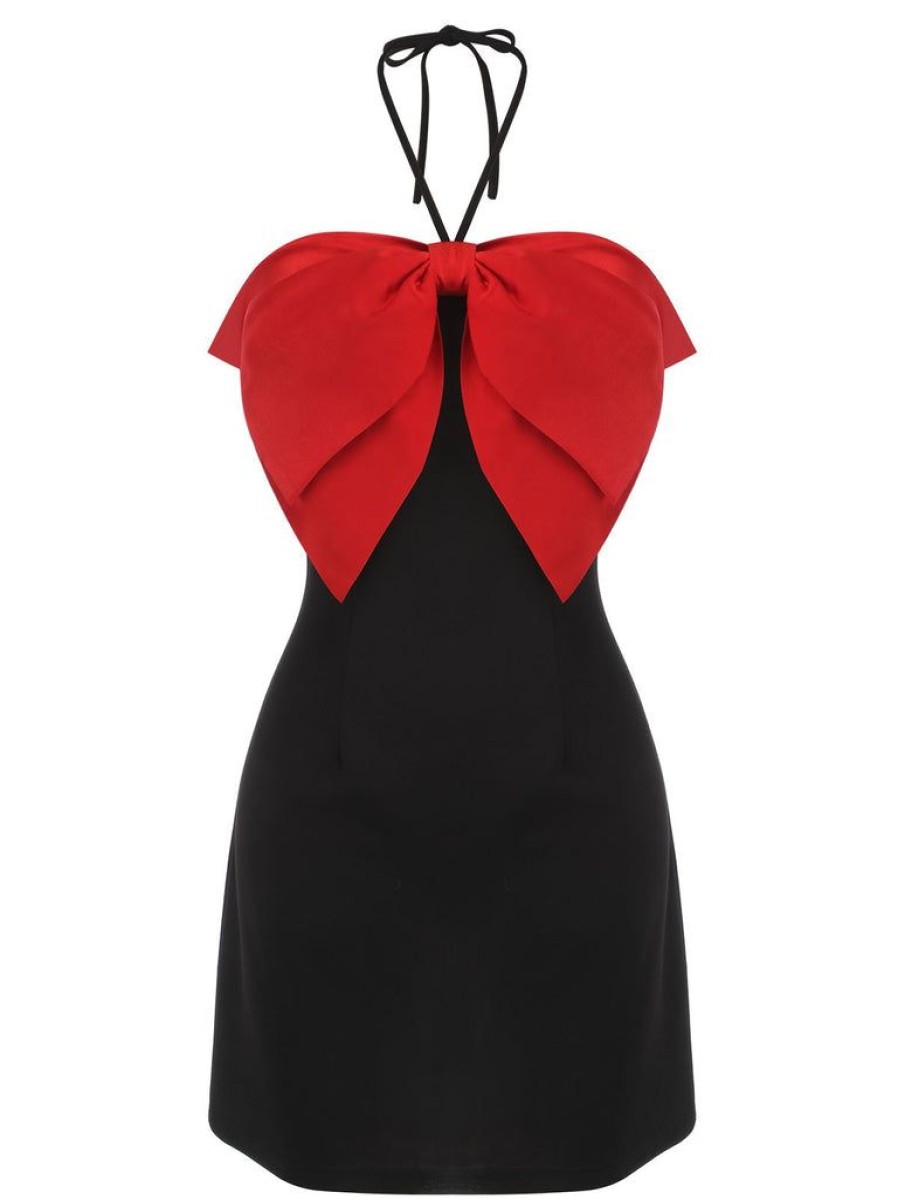 Clothing Retro Stage | Red 1960S Bow-Knot Patchwork Wrap Dress Black