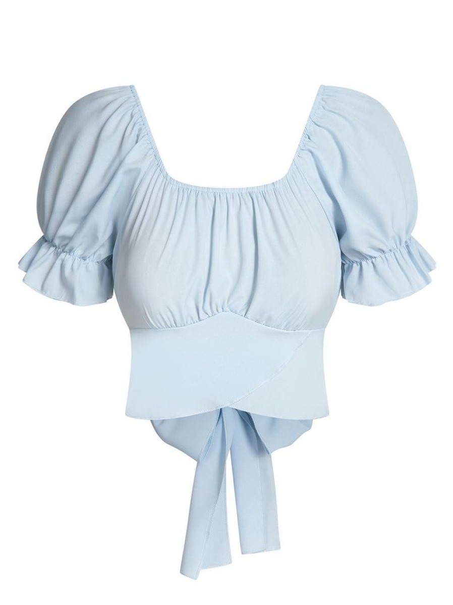 Clothing Retro Stage | 1950S Solid Puff Sleeves Tops Sky Blue