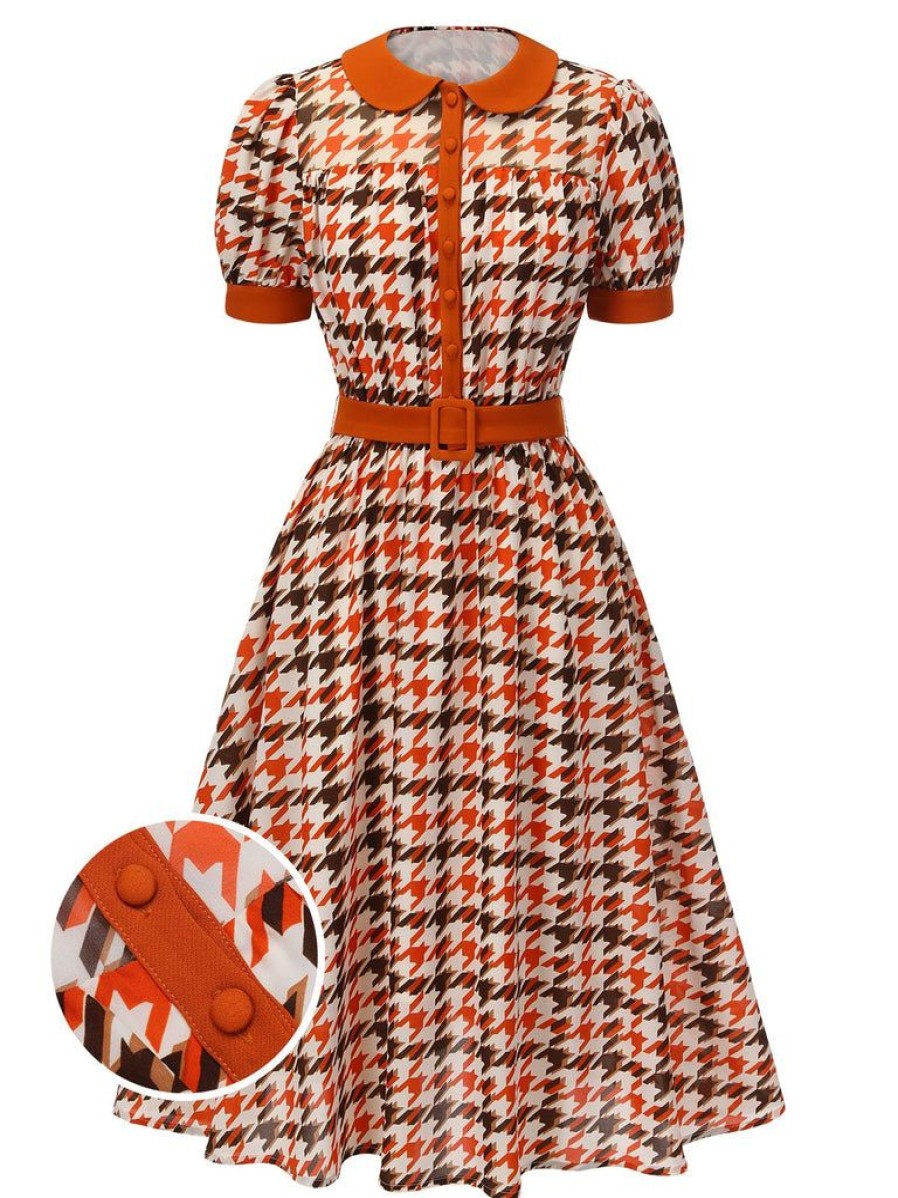 Clothing Retro Stage | 1940S Houndstooth Doll Collar Dress Orange