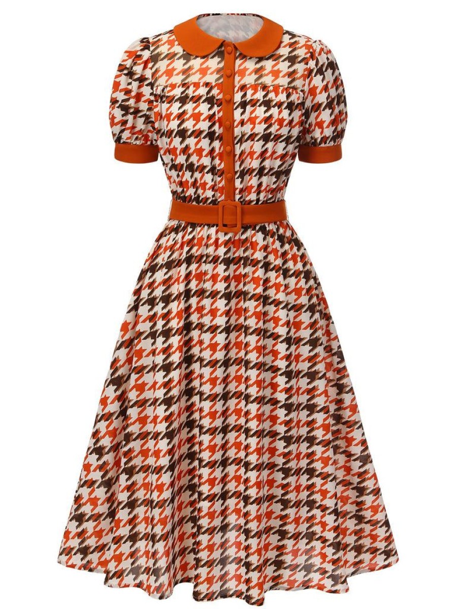 Clothing Retro Stage | 1940S Houndstooth Doll Collar Dress Orange