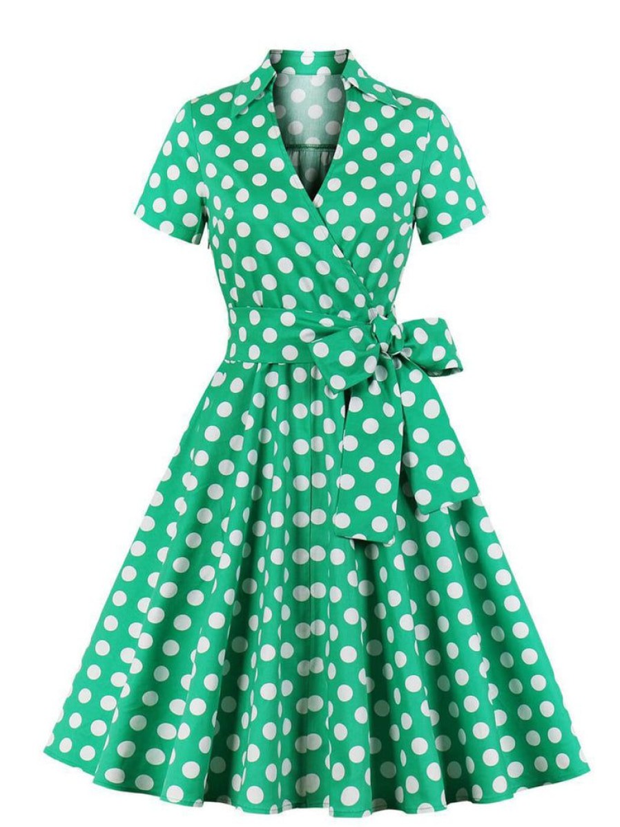 Clothing Retro Stage | [Plus Size] 1950S Polka Dots Waist Tie Lapel Dress