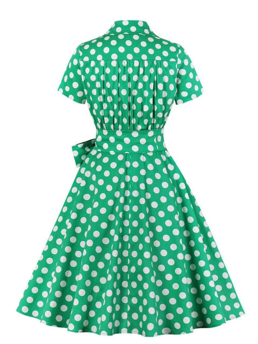 Clothing Retro Stage | [Plus Size] 1950S Polka Dots Waist Tie Lapel Dress