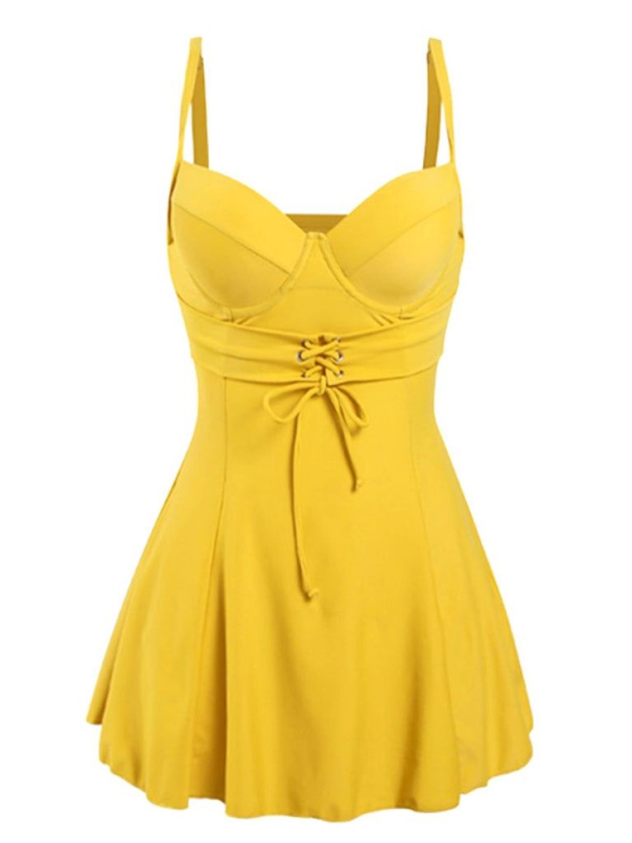 Clothing Retro Stage | 1960S Spaghetti Strap Skirted Swimsuit Yellow