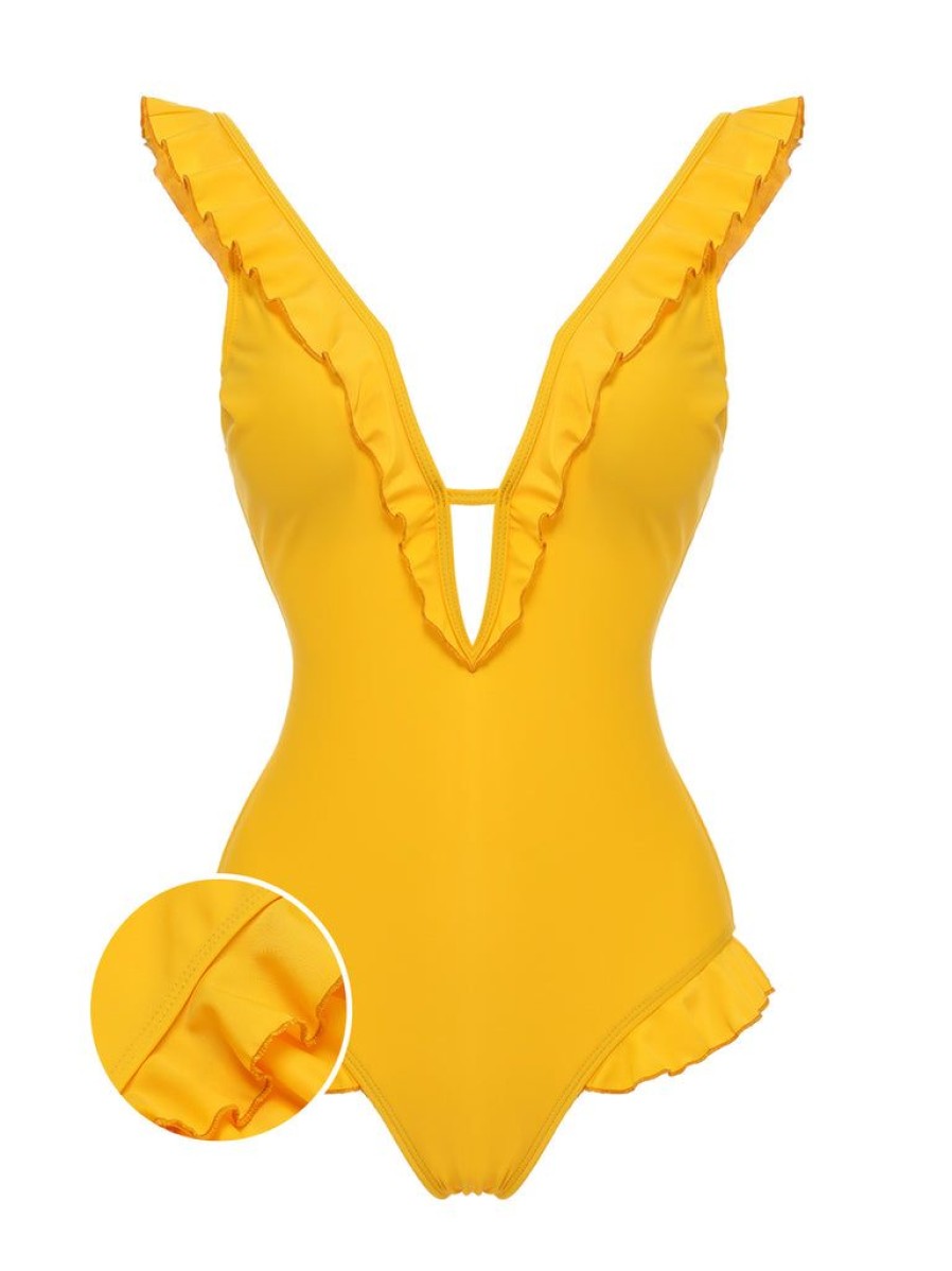 Clothing Retro Stage | 1930S V-Neck One-Piece Swimsuit Yellow