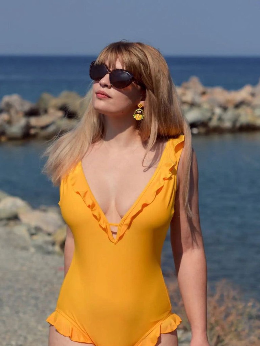 Clothing Retro Stage | 1930S V-Neck One-Piece Swimsuit Yellow