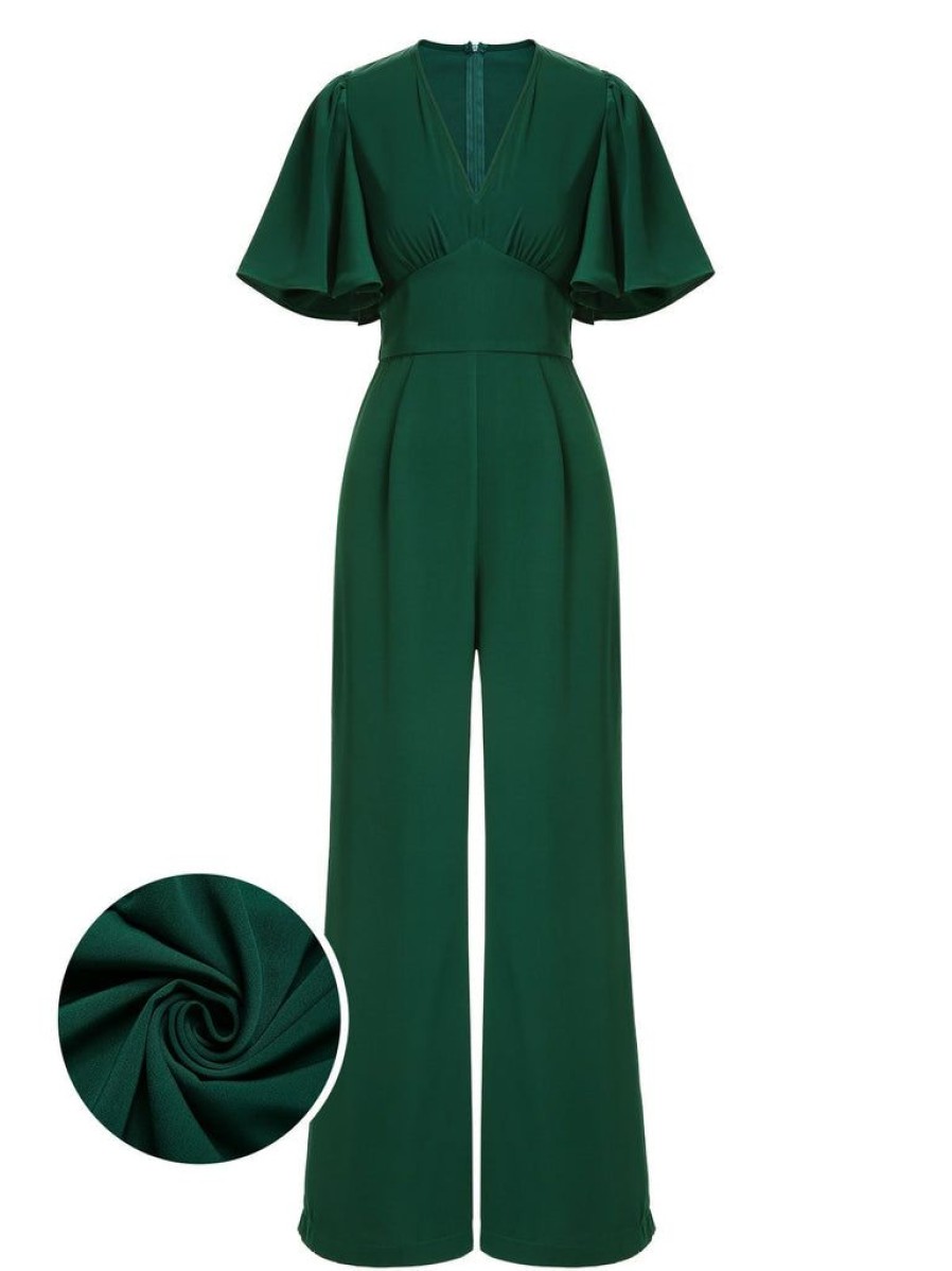 Clothing Retro Stage | [Pre-Sale] 1930S Solid V-Neck Jumpsuit Green