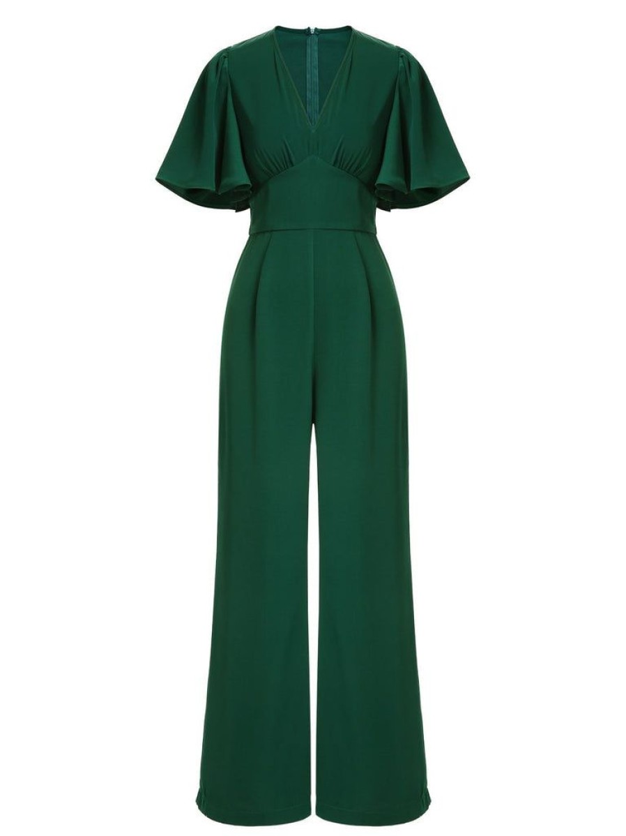 Clothing Retro Stage | [Pre-Sale] 1930S Solid V-Neck Jumpsuit Green