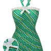 Clothing Retro Stage | 1930S Stripe Off-Shoulder Halter Swimsuit Green