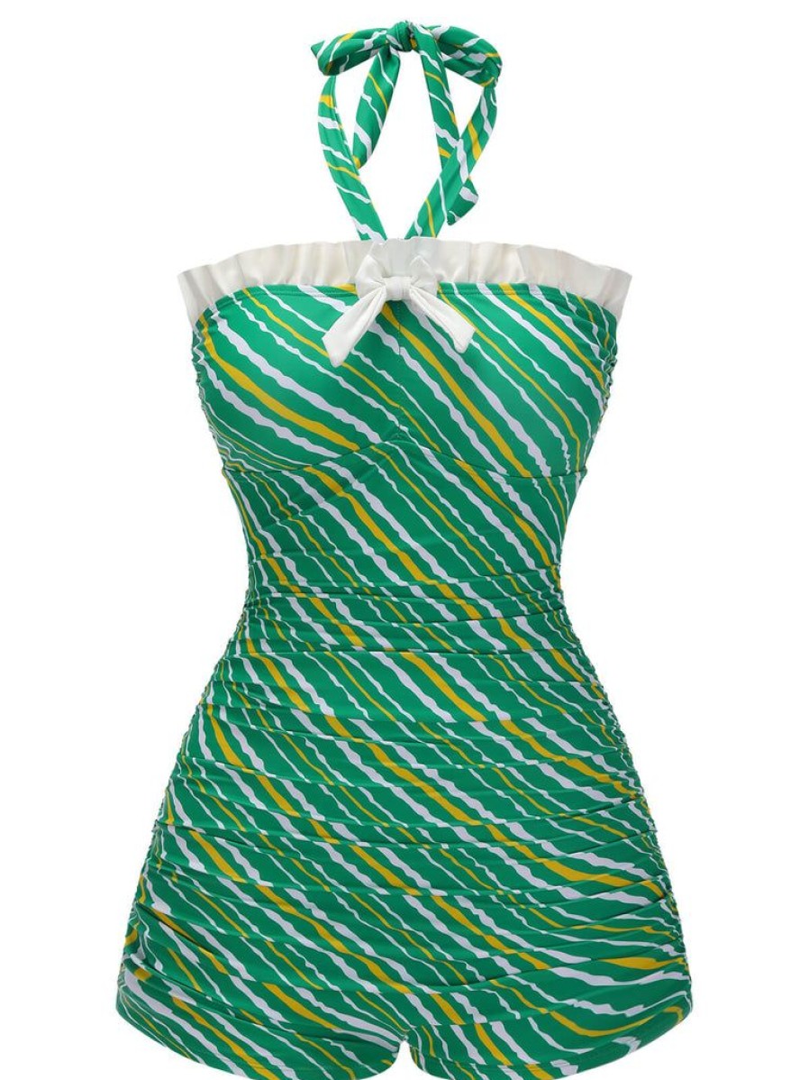 Clothing Retro Stage | 1930S Stripe Off-Shoulder Halter Swimsuit Green