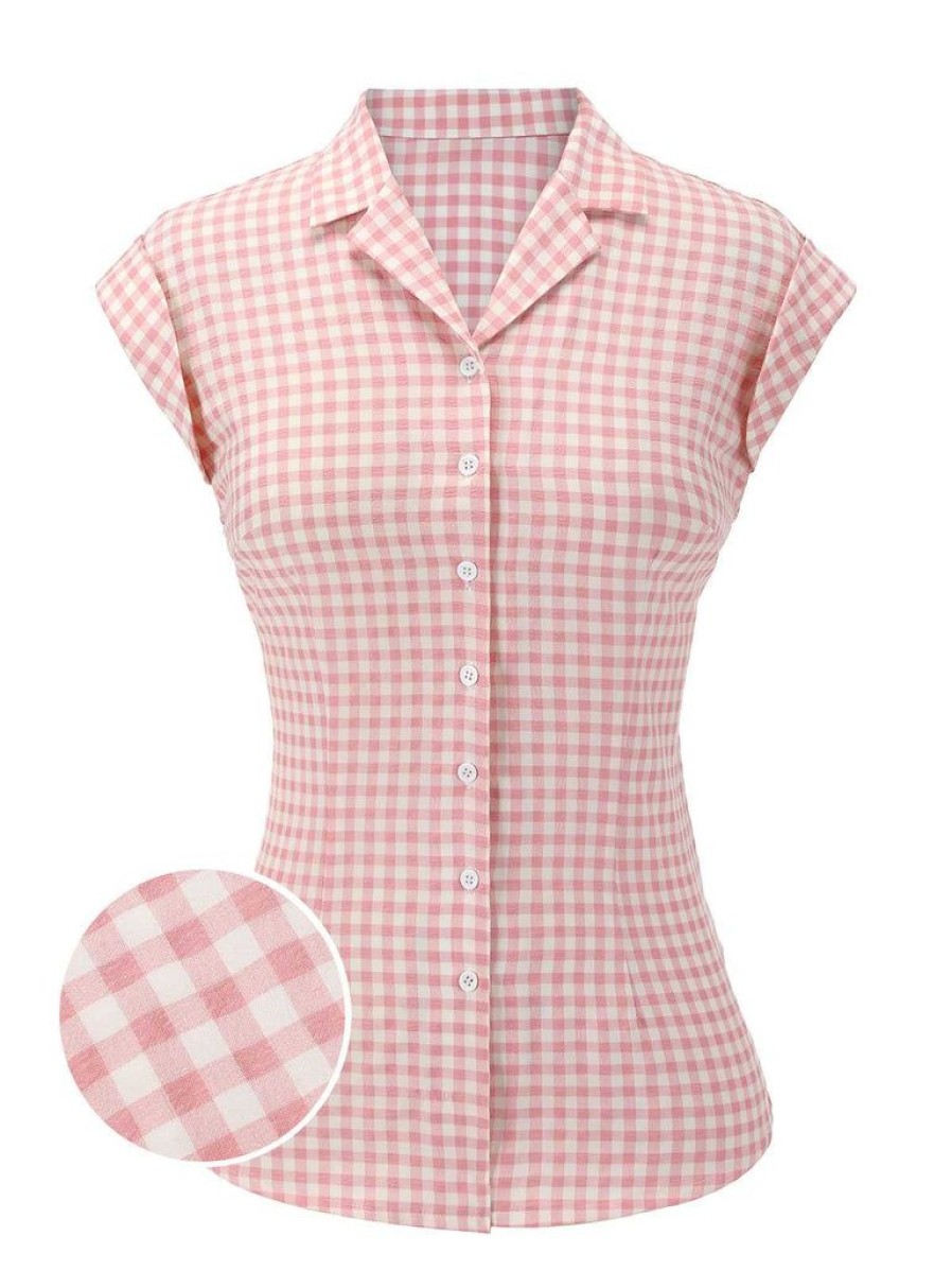 Clothing Retro Stage | 1950S Gingham Plaid Lapel Shirt Pink