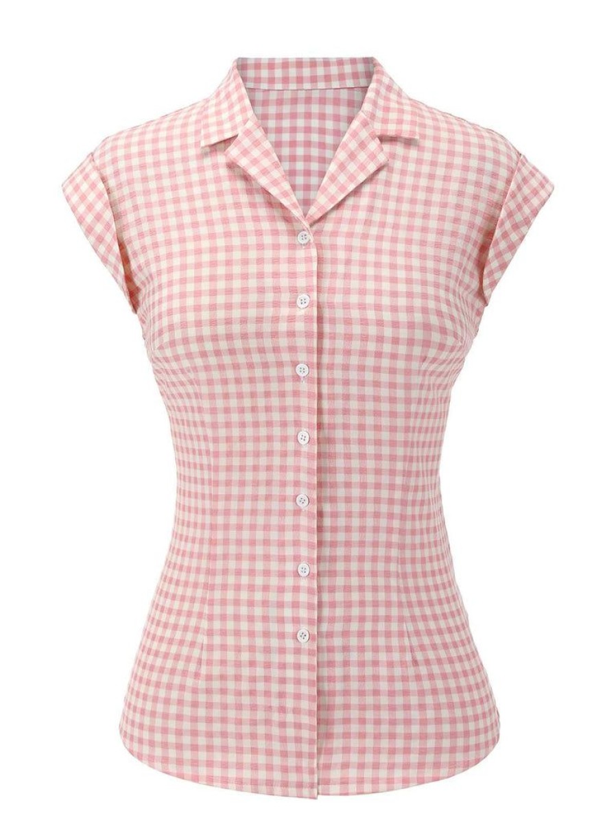 Clothing Retro Stage | 1950S Gingham Plaid Lapel Shirt Pink