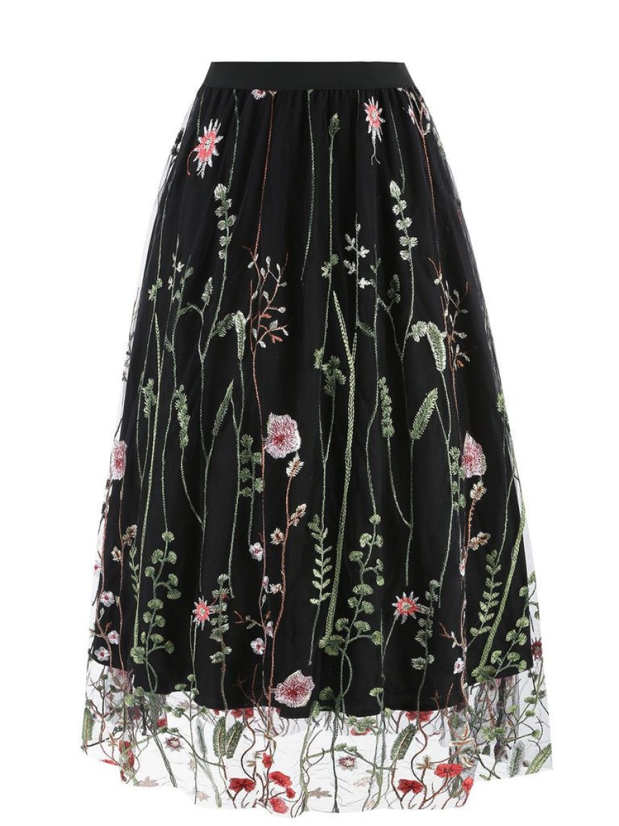 Clothing Retro Stage | 1950S Floral Embroidered Mesh Skirt