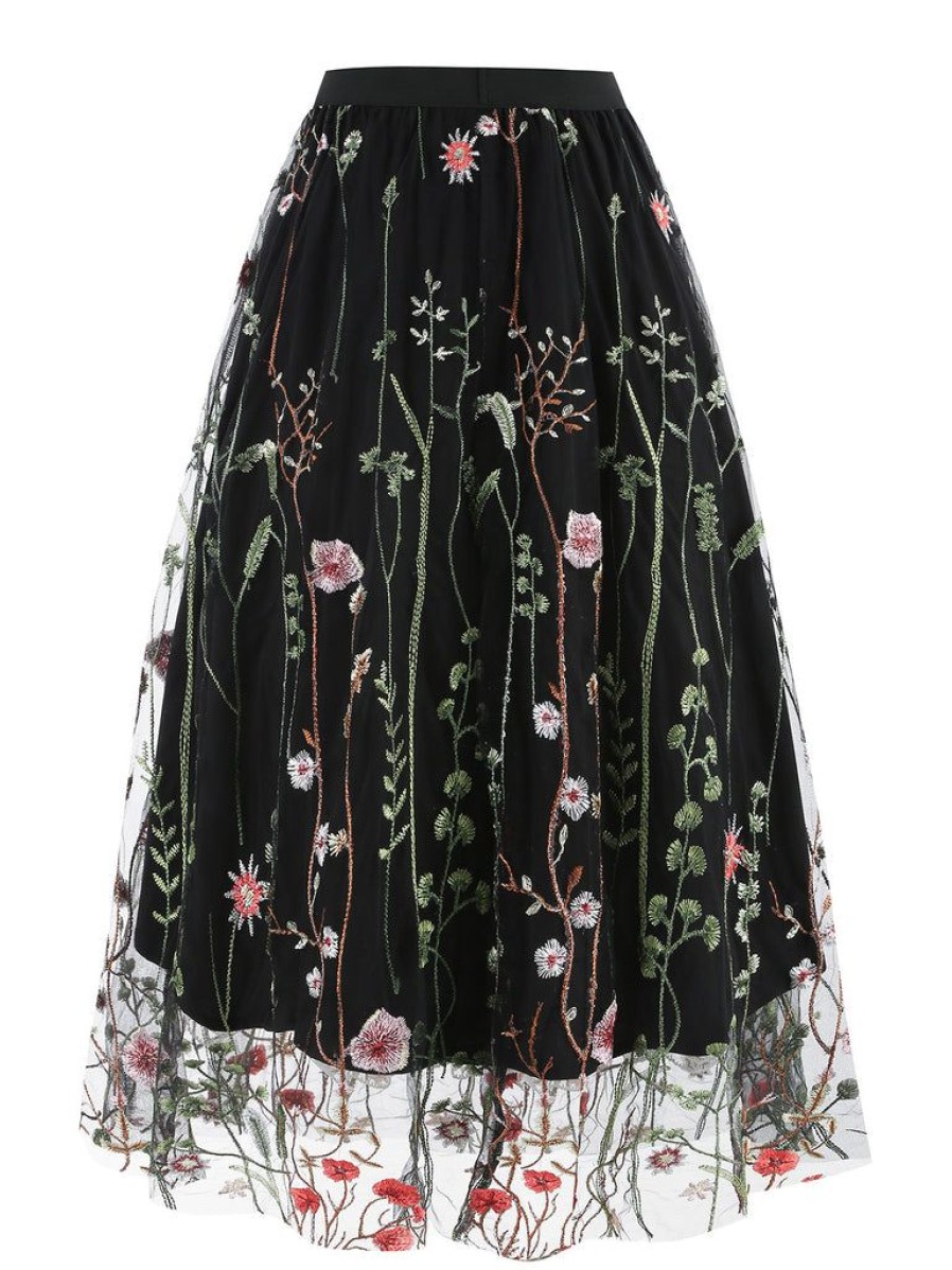 Clothing Retro Stage | 1950S Floral Embroidered Mesh Skirt