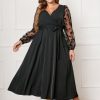 Clothing Retro Stage | [Plus Size] 1950S Floral Mesh Sleeves Dress Black