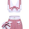 Clothing Retro Stage | White 1950S Stripes Pockets Belted Swimsuit White & Red