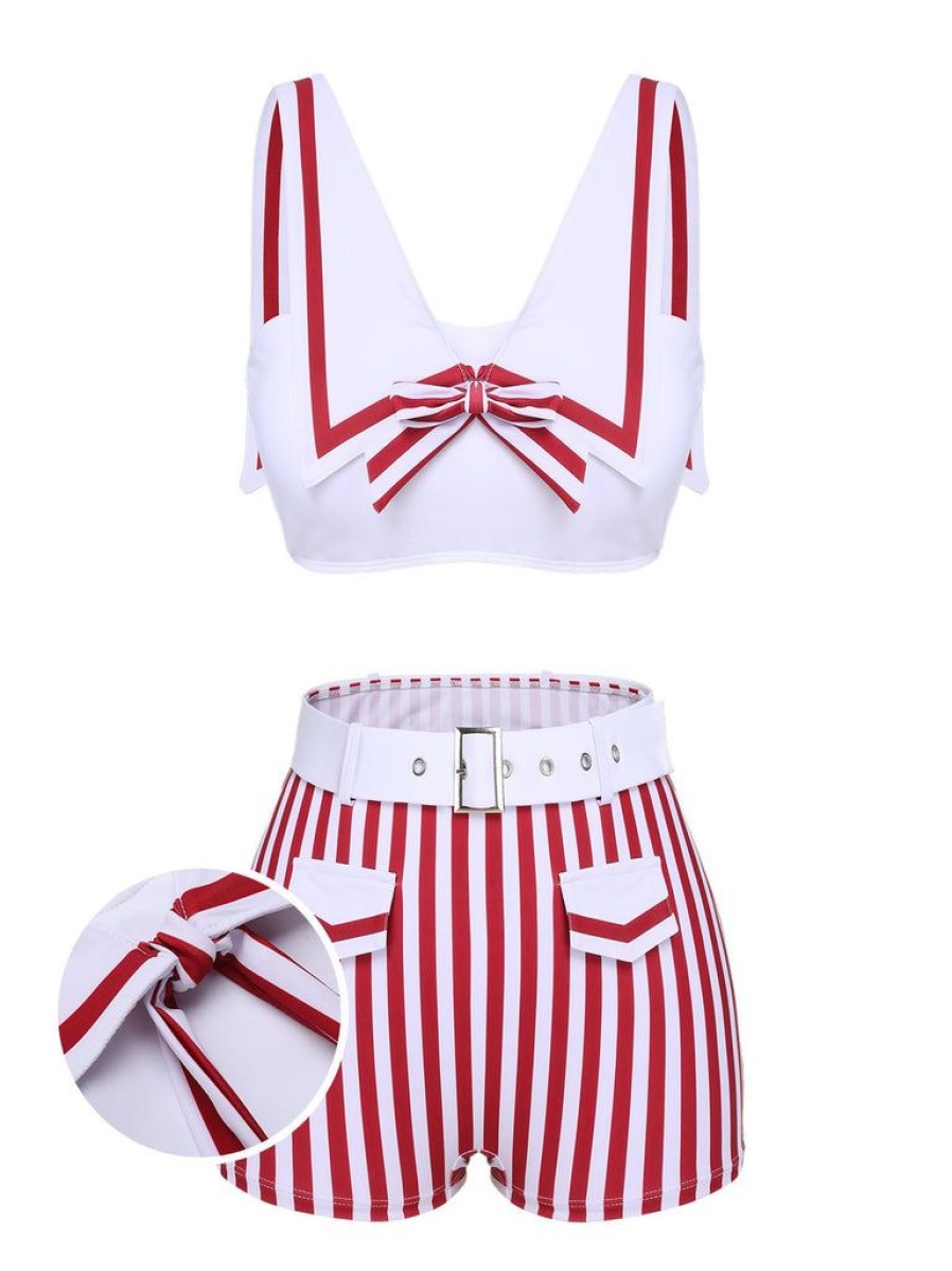 Clothing Retro Stage | White 1950S Stripes Pockets Belted Swimsuit White & Red