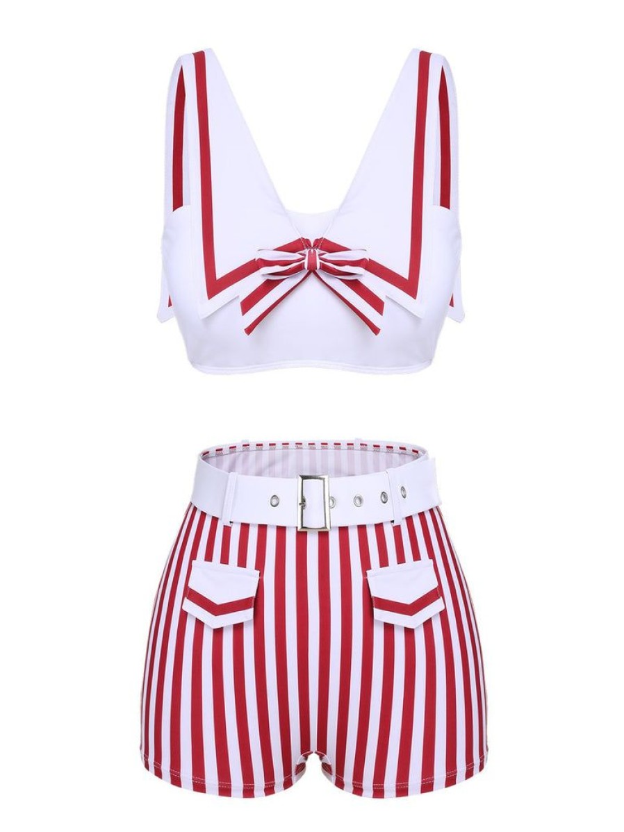 Clothing Retro Stage | White 1950S Stripes Pockets Belted Swimsuit White & Red