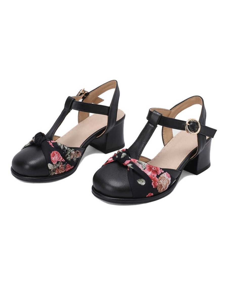 Shoes Retro Stage | Vintage Bow Flower T-Buckle Chunky Heels