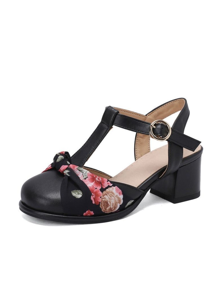 Shoes Retro Stage | Vintage Bow Flower T-Buckle Chunky Heels