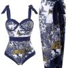 Clothing Retro Stage | 1940S Floral Halter One-Piece Swimsuit & Cover-Up Blue