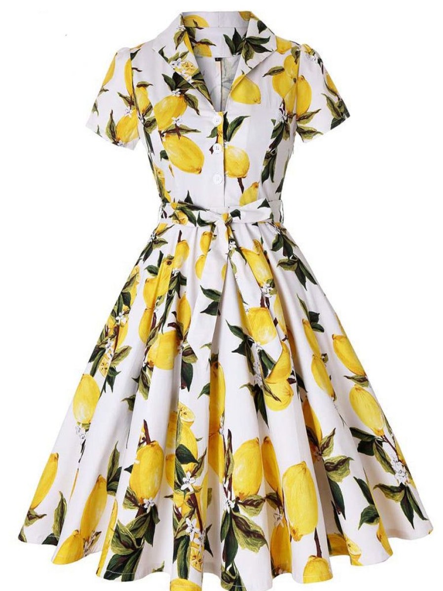 Clothing Retro Stage | 1950S Lemon Bow Swing Dress Yellow