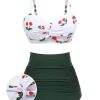 Clothing Retro Stage | 2Pcs 1950S Cherry Halter Bikini Set White & Green