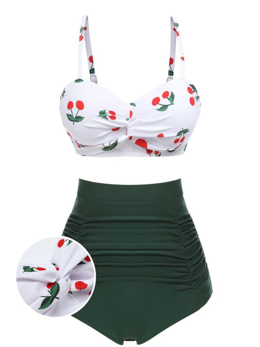 Clothing Retro Stage | 2Pcs 1950S Cherry Halter Bikini Set White & Green