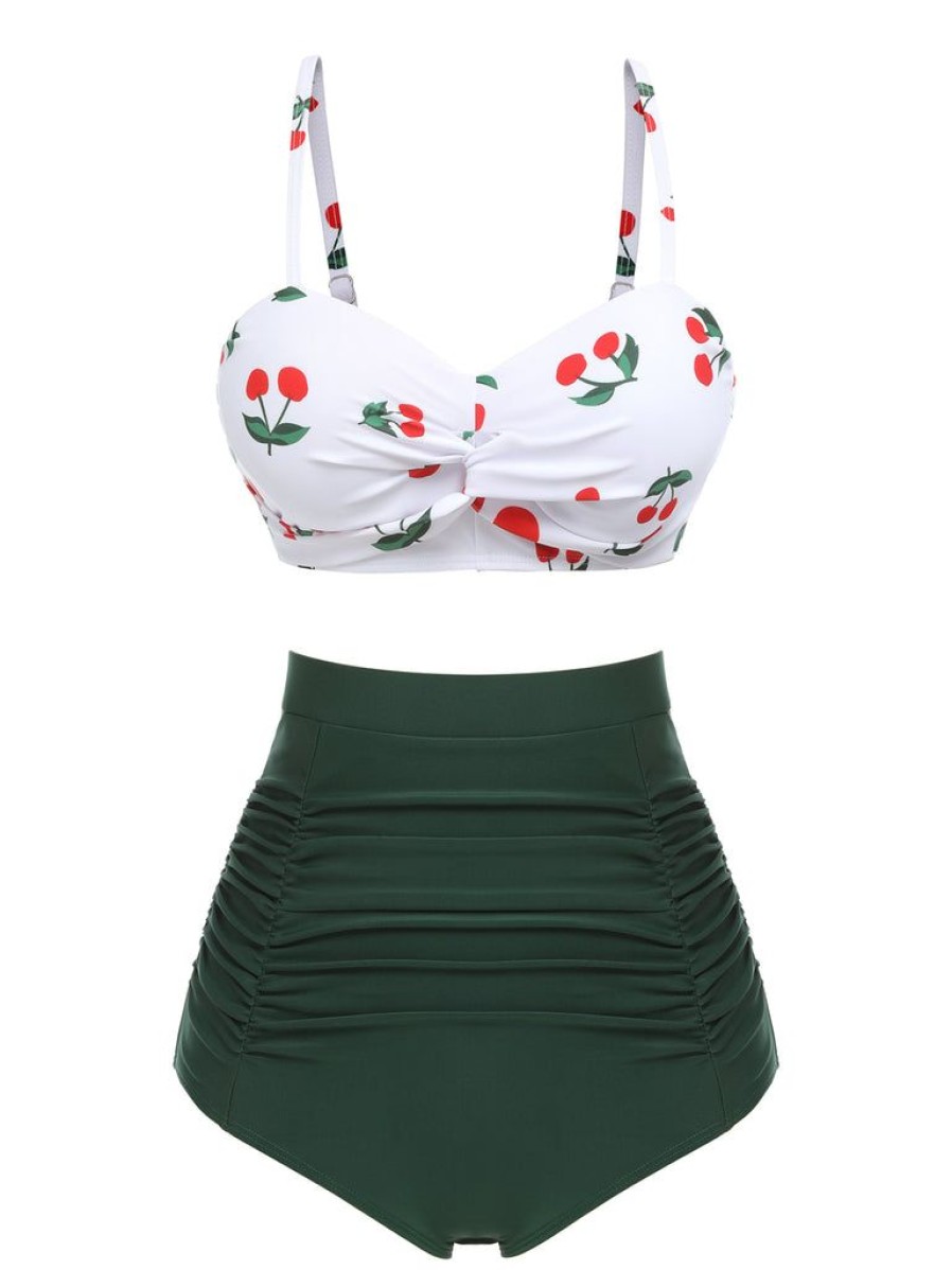 Clothing Retro Stage | 2Pcs 1950S Cherry Halter Bikini Set White & Green